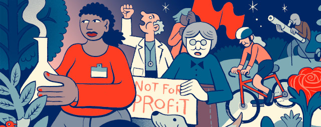 graphic of scientists working for the people, not for profit